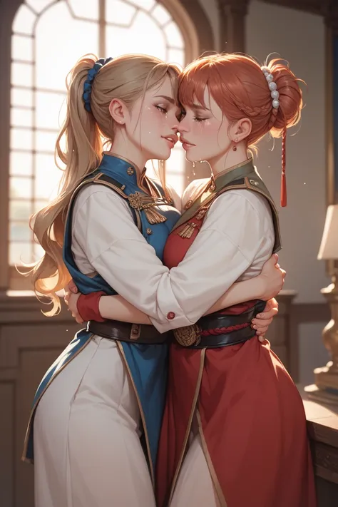 Two sisters in war clothes hugging each other while crying and with their hair loose and long 