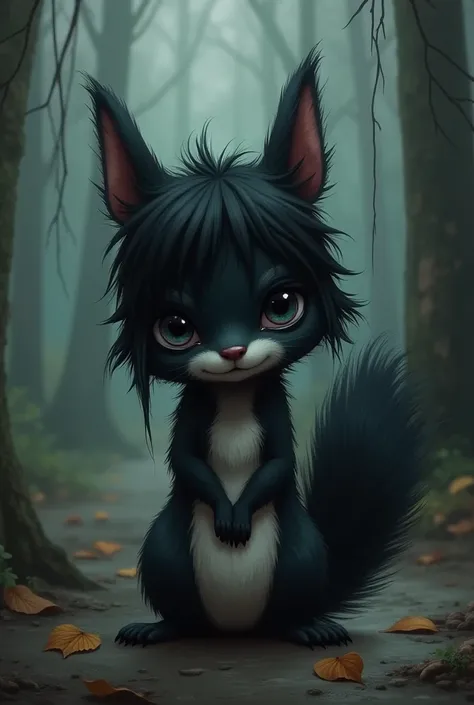 Squirrel with emo hairstyle and black hair color, and sad 