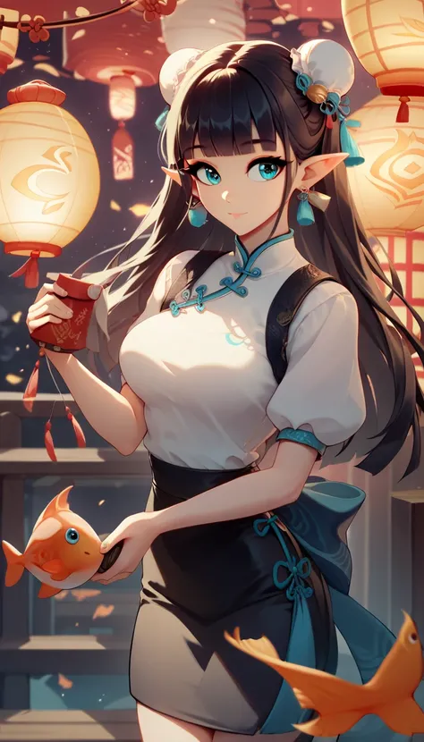 1girl, solo, long hair, blue eyes, black hair, aqua eyes, happy, closed mouth,medium breasts, hair bun, double bun, horns,blunt bangs, looking at object, looking at lantern, holding lantern,bend over, shirt, skirt, long sleeves, ribbon, jewelry, white shir...