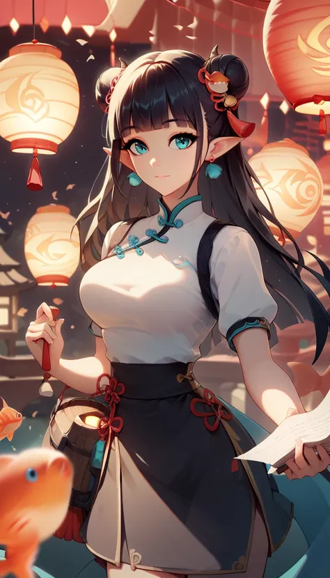 1girl, solo, long hair, blue eyes, black hair, aqua eyes, happy, closed mouth,medium breasts, hair bun, double bun, horns,blunt bangs, looking at object, looking at lantern, holding lantern,bend over, shirt, skirt, long sleeves, ribbon, jewelry, white shir...