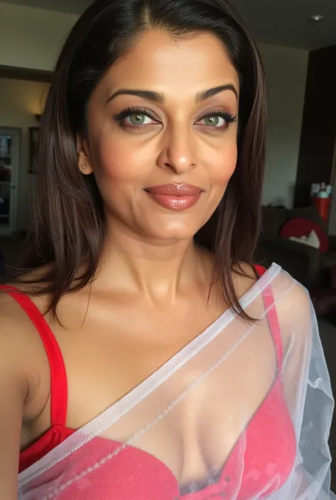  aishwarya rai (Realistic) (real mature face) 50 Years A close up selfie shot of sexy mature milf ,aishwarya rai wearing a red bra and white transparent saree,in living room home , realistic picture ,no editing ,no filters ,no artificial lighting,aishr