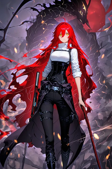   1 girl, golden eyes,   red hair top, very long red hair , Cool,   beautiful,   black pants with pockets on the sides, Weapon belt around the waist , white top with black corset ,  black boots, mysterious atmosphere, in the background the shadows soilders...