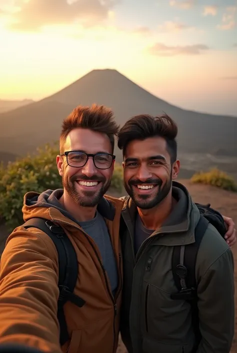 (((Photorealistic))), Gunung bromo, padang pasir, kawah, (1man, tall, big muscle, eyeglasses spiky hair), (1man, indian, slim muscle body, messy hair, beard), selfie together with smile, asian, sunrise, warm temperature, some greens, well clothed, wear jac...