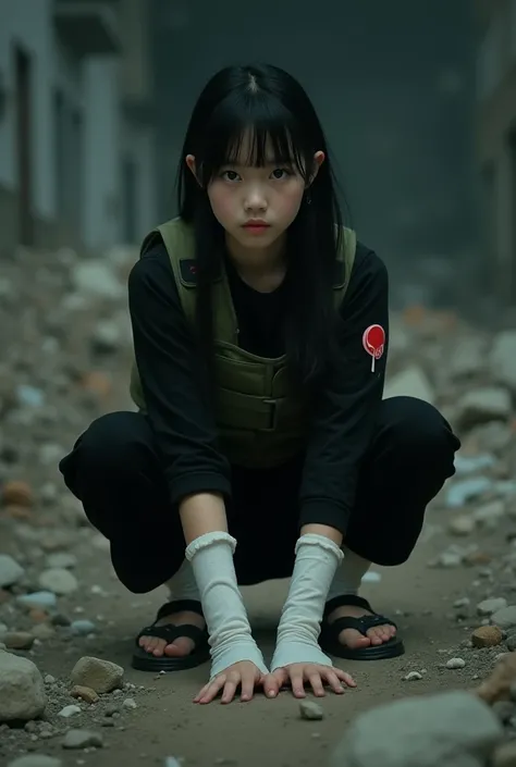 A 20 year old Japanese teenage girl,Black long sleeve casual t-shirt,Red round lollipop logo on the upper arm,Bulletproof vest with high collar in army green,White eyeballs like cataracts,Long straight hair with straight bangs,Black casual trousers with th...