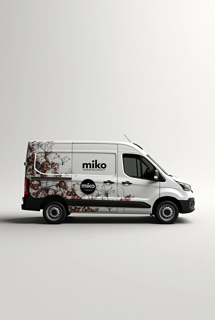 Side view of A white colour van with a nice and modern coffee wrapping painted on it black style van with a Miko logo on it...with coffee beans and cup on it