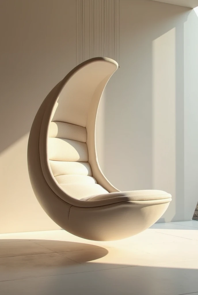 Generate an ergonomic chair hanging from the ceiling, with comfortable materials that represent marine snails , . Place it in a room that transmits peace and tranquility
