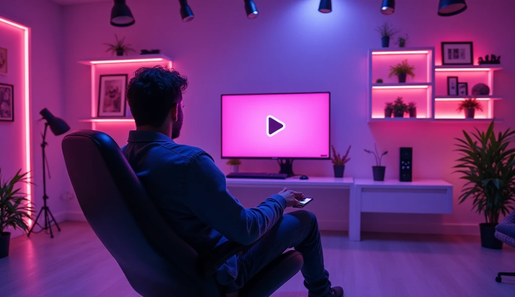 Futuristic YouTube Studio Setup
A digital avatar in a futuristic YouTube studio setup with neon purple lighting, modern shelves with collectibles, person looking front camera stylish black leather chair, his hand is ready to moving and a glowing silver pla...