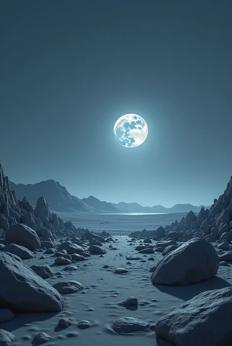 Flat sandy land filled with rocks resembling the surface of the moon at night 