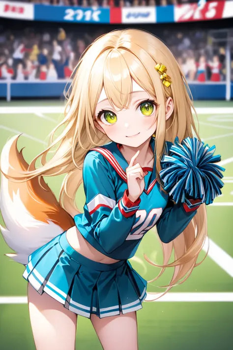 ( top quality, 8k, 32K,  Masterpiece,  ultra high resolution,:1.2),Born,  one girl, so cute , fantastic background like the ground ,  clear ,  Eyeliner, Age 18 , white skin, Golden-haired girl ,  beautiful girl like a fox,  cheerleader,  Slanted Eyes ,  in...