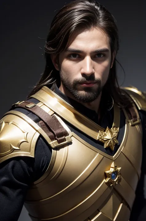  A man in gold armor ,European Young Beardless Manly Face , com cabelo comprido loiro com franja  high detail  ,  high detail,8K