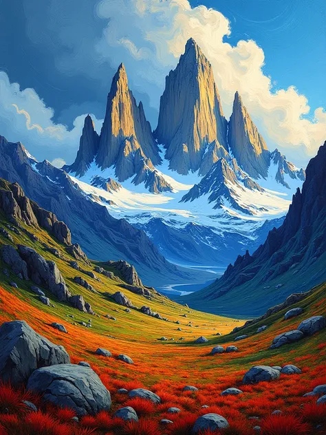 Torres del Paine Chile, with a style as if it were painted by Van Gogh