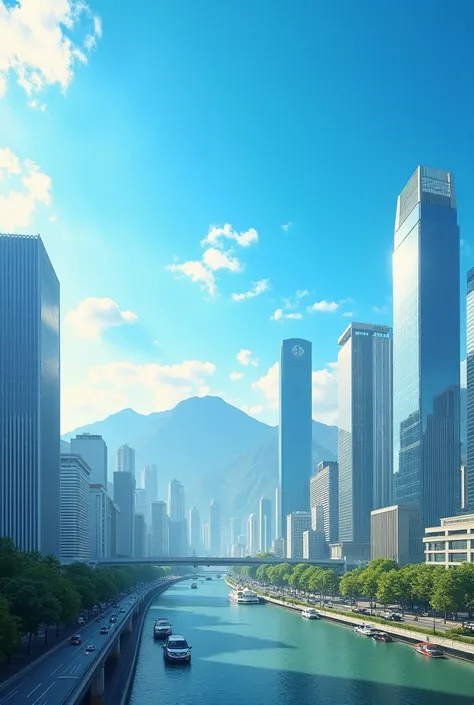 Guand dong, urban landscape, architecture, non-human, blue sky,(sunny day:1.5), sunshine, city, sky, scenery, mountains, clouds, outdoor, skyscraper,Sun, dazzling sunshine, landscape 