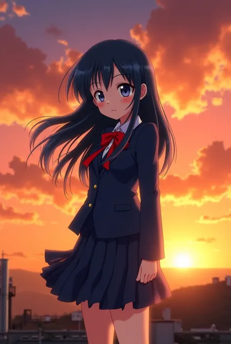 A age girl with long dark blue hair fluttering in the wind, wearing a typical Japanese school uniform with a dark blue blazer, pleated skirt, and a red ribbon on her chest. He stood on the school roof as the sun set, against the backdrop of an orange sky f...