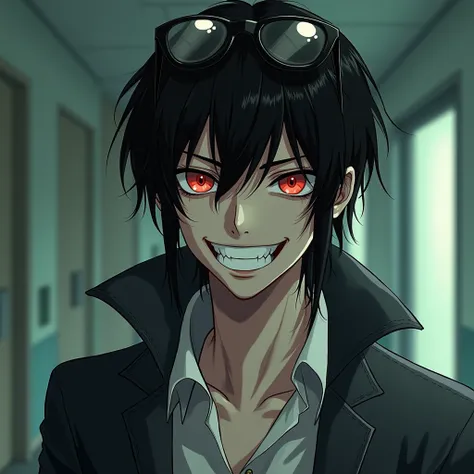 Alone,  Smile, cabello corto,  black hair,  red eyes, Teeth, mask/sale/ mask, Shine,  masterpiece,  Precise, wet hair,  pointed hair, mullet,  Long pointed ears, Facial hair, fangs, Teeth apretados,  glasses on the head,  illustration, Hospital, vampire, m...