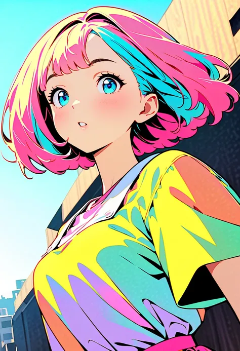 ( top quality:1.2,  city pop style,  very detailed, Latest,  lively,  high contrast,  Masterpiece:1.2,  top quality,  Best Aesthetics ),  girl, (( upshot:1.4)),  colorful hair,  bob cut,  pastel color,  1980s Style , ((Retro,  vintage,  earthless backgroun...