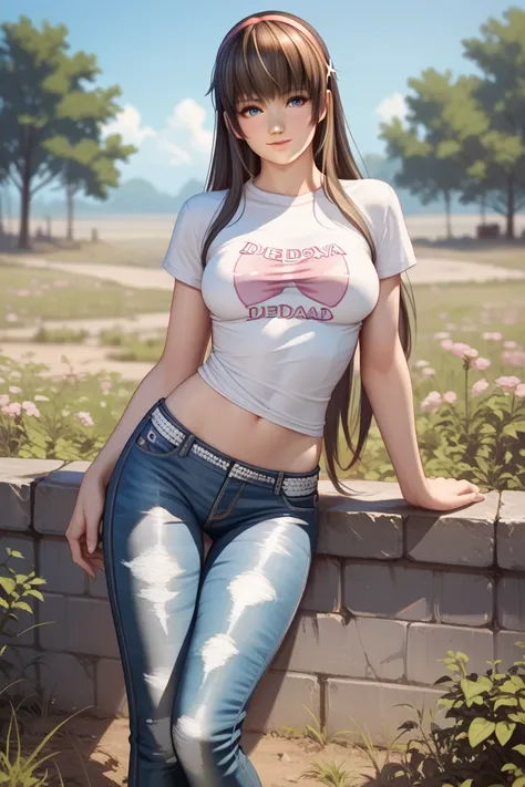 Sexy Hitomi de dead or alive,  long hair, breasts,  t-shirt,  skinny jeans, In a wasteland,   blue eyes, pose sexy