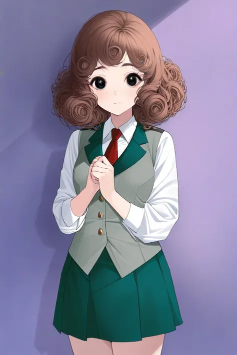  a girl,  with brown hair ,  and curly hair, with a black eye and a purple color wearing uniform,  green skirt and she has a gray vest and a red tie, And from his hands he makes a kind of power like black poison 