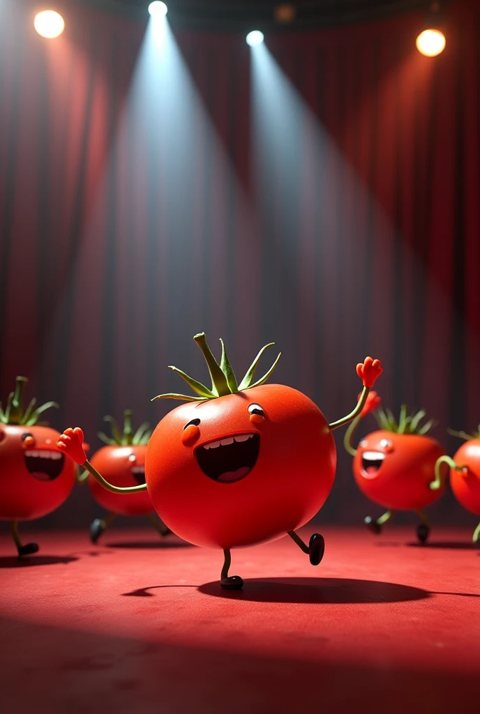 3D animation of "A funny tomato band animated with Disney Pixar's animation touch performing a dance on a big stage, with spotlights shining down. One tomato plays the guitar, another plays the drums, and a few others are twirling and jumping with joy!"
