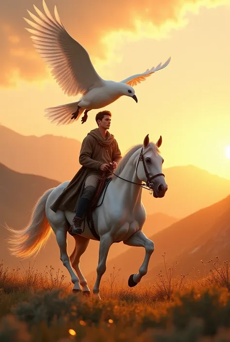 The young man rode the white horse through the sunset. A white bird flew past in the background. Highly detailed cinematict