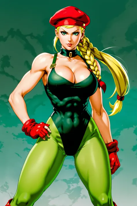 Street Fighter II Turbo красивая,  slim , naked Cammy,  big breasts,  hairy pubis,  uncensored, wears green stockings, red beret, wears black high-heeled boots,  red gloves . Cammy has light blue eyes,  long blond hair,  that she braids into two braids , b...