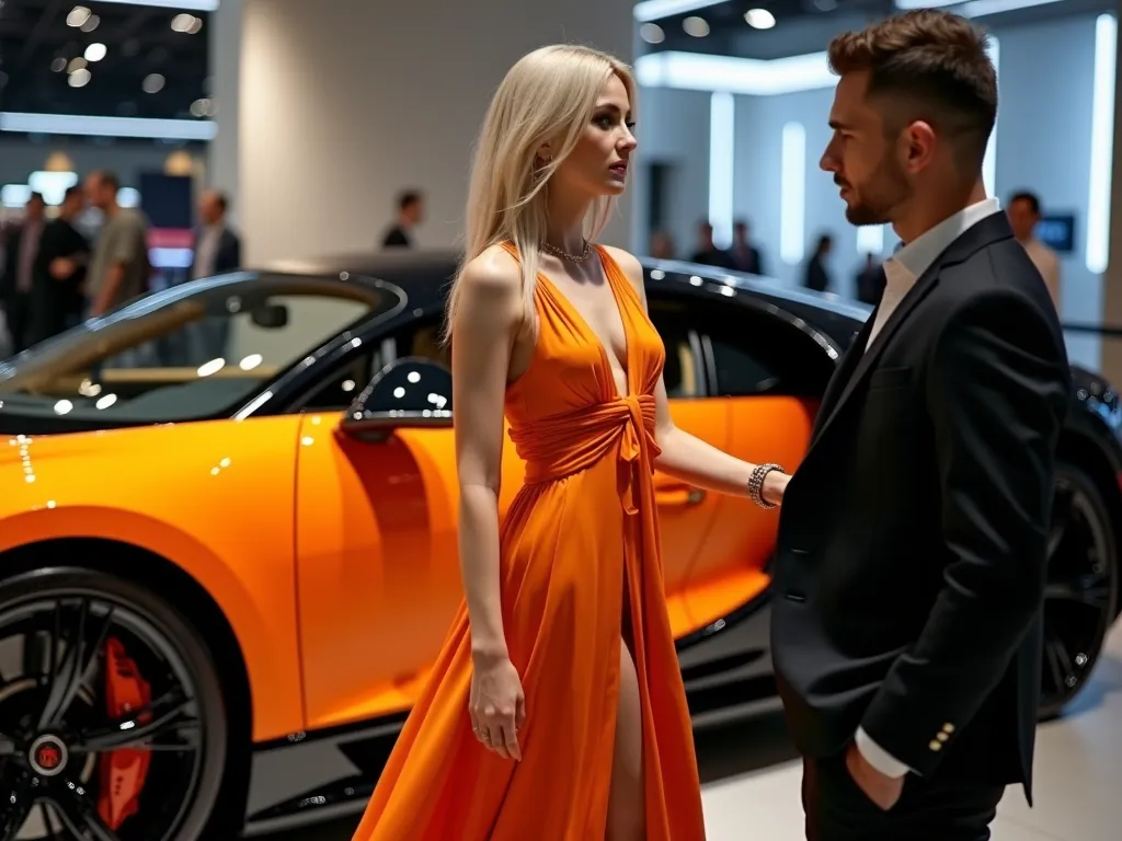 Beautiful Ukrainian woman with ash blonde hair, pale green eyes, in a stylish orange long dress with satin slit. He models next to an orange and black Bugatti. indoors at the fair. Charismatic man with fade hair, brown skin and wearing a black suit. He wat...