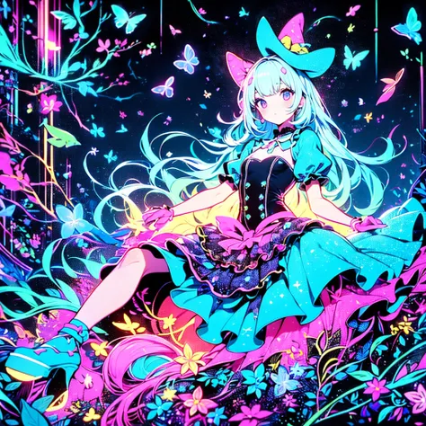   one girl , chibi、  milky white hair color  、  Alice in Wonderland、 Rabbit with a silk hat   、Trumpに足と手がある、  fantasy、  cute世界、Trump、  Alice in Wonderland、clock、  Best Details、  cute、    neon color 7 gradation hair colors、  fantasy、   absurd、 neon lights e...