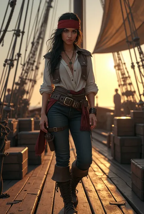 Create a young pirate girl on the deck of your ship