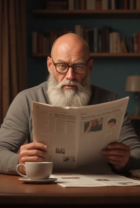 45 year old man with bald head and long, white , well-groomed beard , Sits at his desk drinks a cup of coffee and reads the newspaper