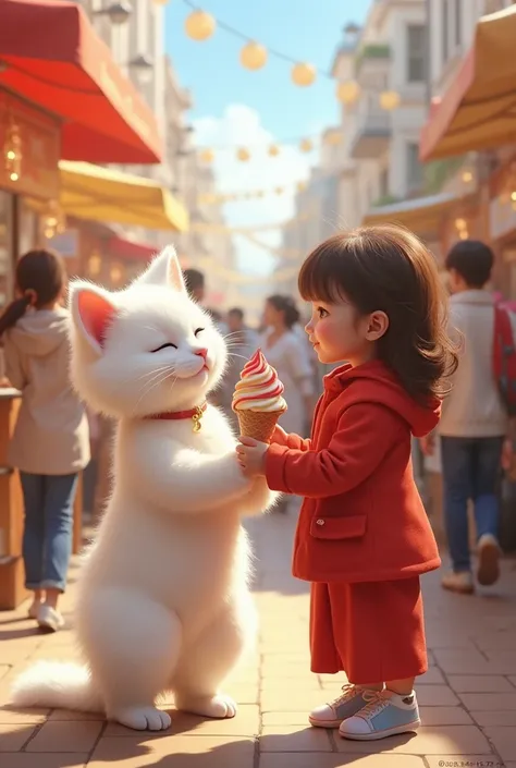  The cat is giving ice cream to the person who bought. A lot of people are walking
Feather color:white
Baju:scarlet
Carts:white