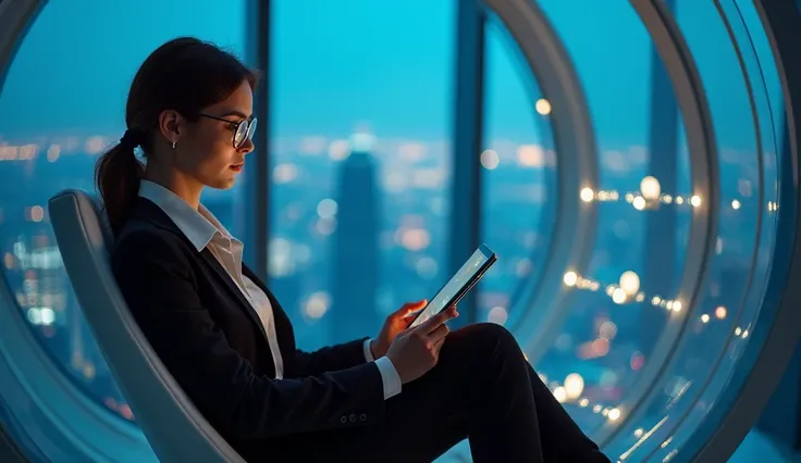 Smooth Quality - A futuristic. sense of charm and elegance. Studio quality lighting and composition. beauty sexy american  women in his 20s, 1girl,score_9, score_8_up, score_7_up, row photo,Interior of high-rise building, clear view of skyscraper night vie...