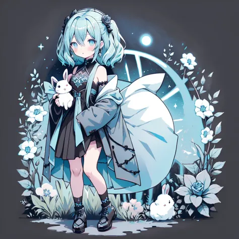  chibi、Cyan Background、 Black clothes  、 long sleeve with flared cuffs 、Shoulder out、 one-piece flared skirt 、 holding a stuffed rabbit in one hand、black and light blue socks 、Gothic Shoes、 facing the viewer 、 Black Rose 、🌙、 perfect anatomy