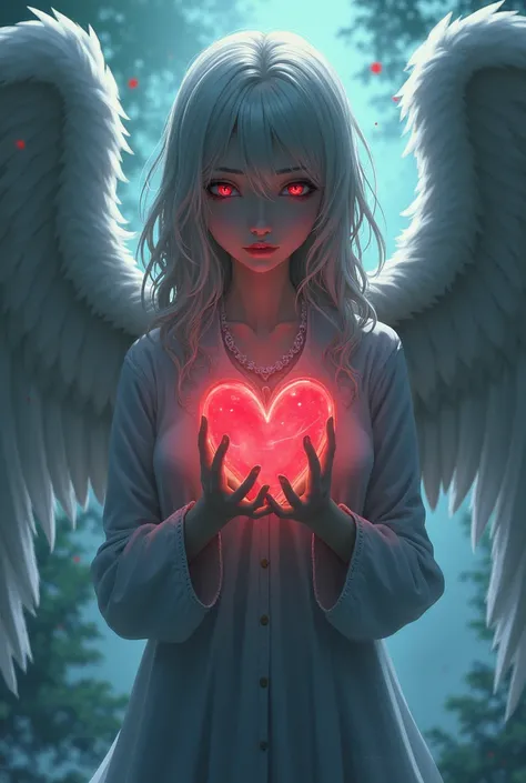 Anime angel with wings and a heart in her hands, angelic and unsettling, glowing angelic being, ( ( stop four # ) ), angel watching demon, Digital Art - W 640,  angel protecting woman,  ethereal daytime anime , angelical, serafim, angelic,  winged angel, A...