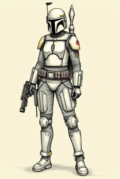 a Mandalorian woman. She is depicted full-length, with an upright and confident stance. She wears detailed armor, including a distinctively shaped helmet (similar to Boba Fett's armor or a similar Mandalorian style), shoulder pads, chest protection, leg pr...