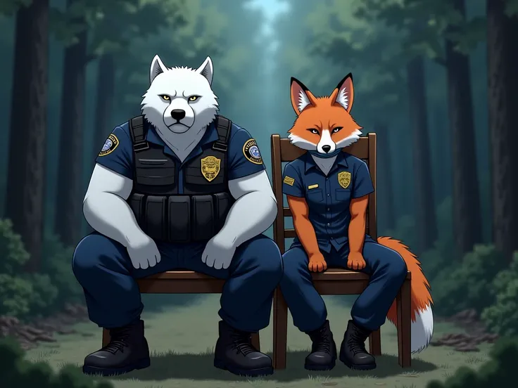 multiple, duo focus, dark forest background, BREAK, anime, furry, bara, male, muscle, police_polar_bear, white fur, (police_uniform, long_pants), combat boots, (chubby:1.4, muscular:1.4), (tactical armor:1.4), (tied to chair:1.4), BREAK, furry, bara, male,...