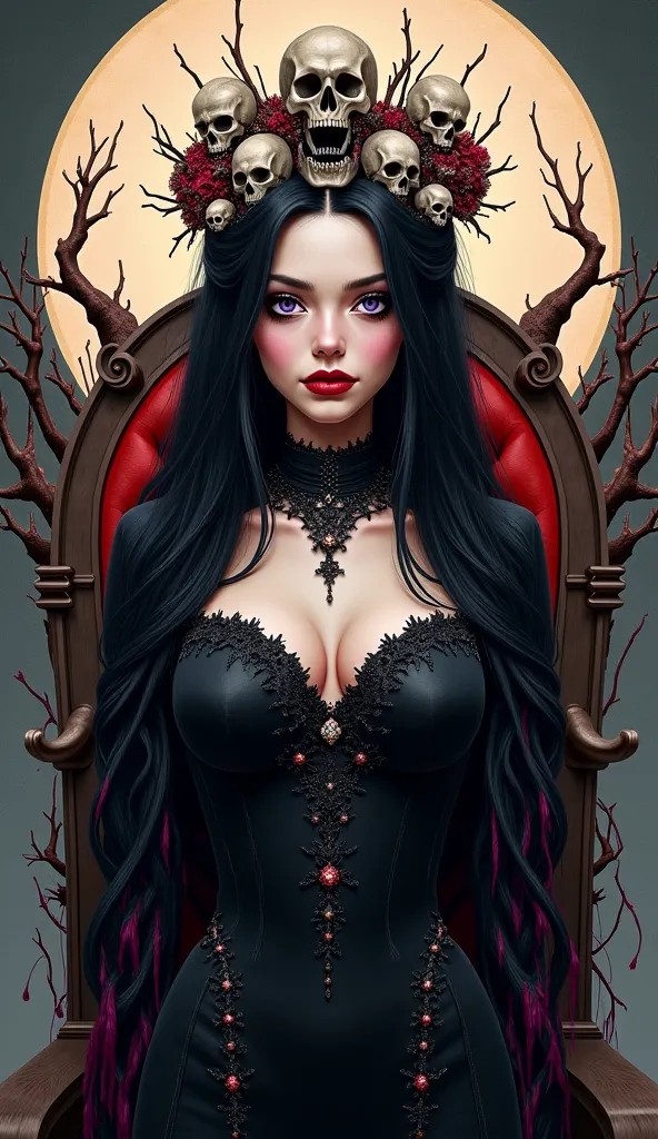 4 days ago
Model

Solemn beautiful cartoon style long black-hair purple tips, beautiful stunning gothic young woman, with an ecil smirk smile adorned with an intricate crown of skulls and brambles, stands serene, her gaze direct. Oil painting, detailed and...