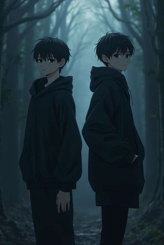 2 anime boy are standing on the dark and ស្លៀកពាក់អាវធំពណ៌ខ្មៅ