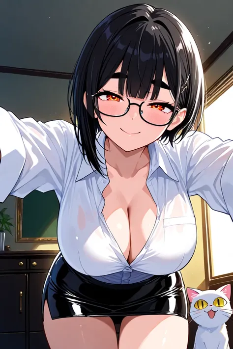 ((score_9, score_8_up, score_7_up, Top Quality)), ((Excellent)), (extremely detailed, absurdres, very aesthetic),  (highly detailed background, lighting), (1girl, black hair, Asymmetrical hairstyle, glasses, thick eyebrows, strong eyes, big breasts, Cleava...