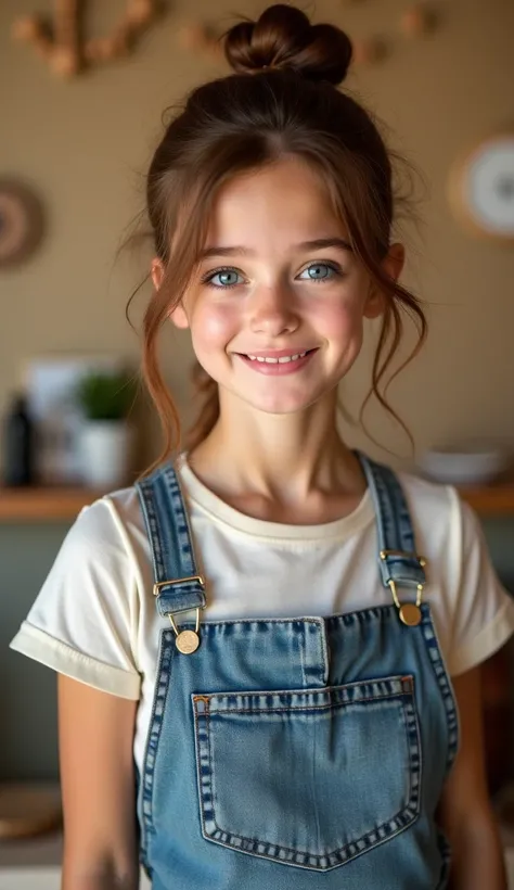 High resolution image of a young waitress with chestnut hair tied in a messy bun, makeup with a few loose strands framing her heart-shaped face, piercing blue eyes with a warm sparkle, exuding sadness, she wears a simple shirt and jeans, bathed in soft, cr...