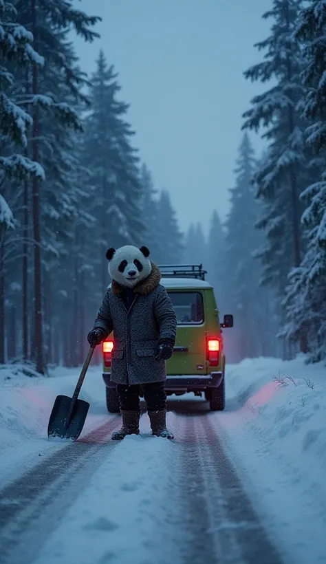 Time: Early evening, sky turning dark purple and blue.
Weather: Snowstorm intensifying, wind howling through the trees.
Location: A lonely, snow-covered jungle road.

The panda wearing a thick fur-lined coat and boots grabs a metal shovel from the back of ...