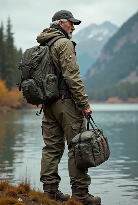 the man stands with his back half-sideways, hiking suit, fishing, sports bag in hand, in the frame, the man's arm and legs