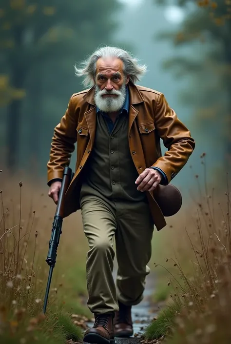  An old man with a beard and long gray hair, (Full body in the photo)  the old man has been running for 10 meters is far away, with light brown leather jacket and beige clothes, shabby and dirty clothes,  realistic, He lets his brown leather hat and the ri...