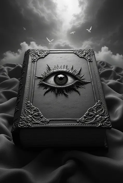 A huge old book with a realistic black and white eye on the cover and made of stitched and gothic leather and in the background of heaven and hell 