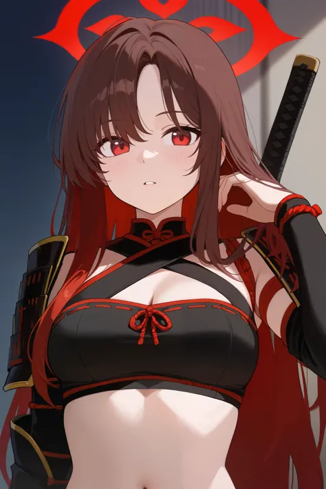 1 girl, Hair length reaches the back, Brown hair and red hair on the edges of the hair, red eyes, but not bright, wear a sexy samurai outfit, หน้าอกไซส์ปานกลาง, have a red halo