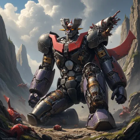 Mazinger Z  , teeth、 is in a battle pose at a height of 100 meters  　 Surrounded by multiple giant enemy robotic beasts, it has taken a lot of damage and fell, Armor is destroyed and kneels  , This is a very realistic version of Mazinger Z, which has huge ...