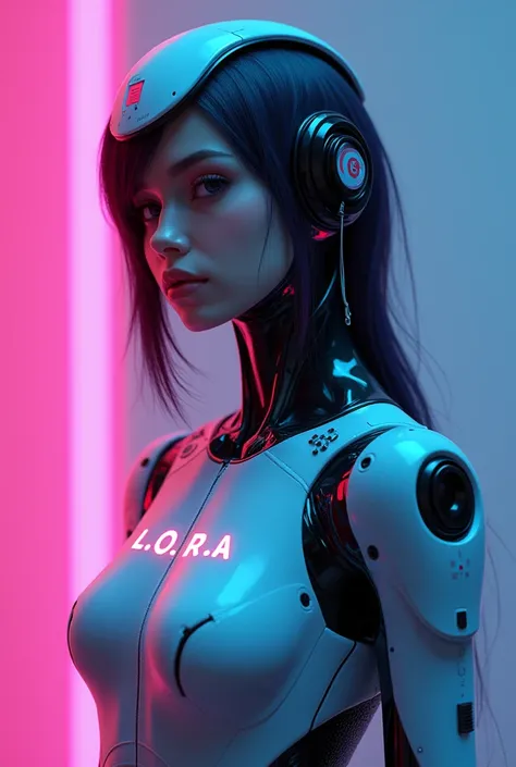 Futuristic female android with partial robotic features, medium shot, 
subtle smirk on her face, text "L.O.R.A." on her chest, 
neon pink and blue background, glitch effect, edgy AI design, 
minimal style, concept art, stylized illustration, 
cinematic lig...