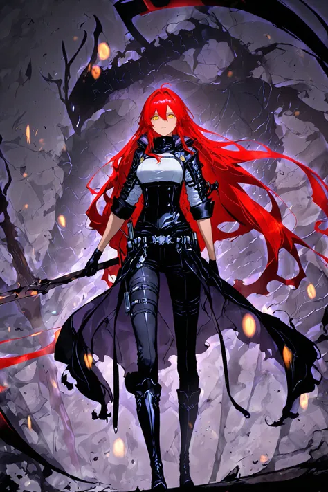   1 girl, golden eyes,   red hair top, very long red hair , Cool,   beautiful,   black pants with pockets on the sides, Weapon belt around the waist , white top with black corset ,  black boots, mysterious atmosphere, in the background the shadows soilders...