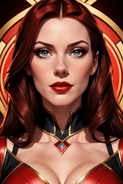 A beautiful woman whose facial features are a combo of Maitland Ward + Bridget Regan. The woman has lovely makeup on her face. The woman wears red lipstick. Symmetrical eyes. Symmetrical face. Great details. Full-colored. Highly detailed 8K. 