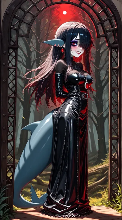 A shark girl  , Serrated smile with shark teeth   , gothic Shark girl With shark tail and fins , detailed leather dress, heavy iron gate with dark forest behind it, spooky, red glow , With shark tail and fin  , Long hair Long hair , And with aviation goggl...