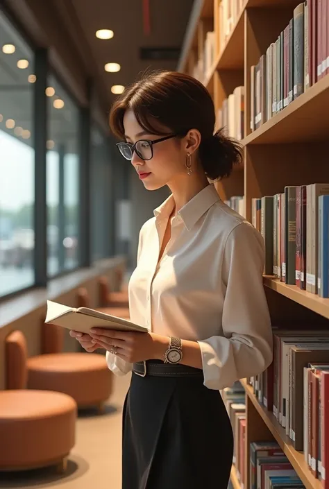 **The Prompt** 

  "A fashionable librarian in a modern library, wearing a chic blouse and skirt with glasses perched on her nose. She’s organizing books on a sleek shelf, surrounded by cozy reading nooks and digital kiosks. Her love for literature and mod...