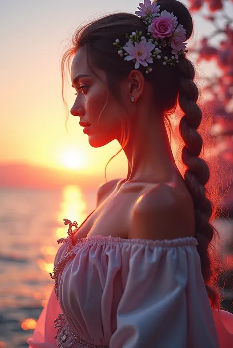  High Quality ,  8k Ultra HD ,  Beautiful double exposure that combines the silhouette of the goddess with the sunset coast, with the sunset coast as a backdrop with details included in the goddess, sharp lines, monochrome background, sharp focus, double e...